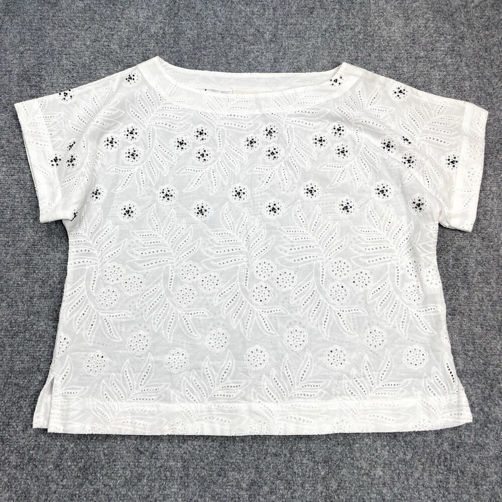 Anthropologie Solitaire Eyelet Top Womens Large White Short Sleeve Beaded Front